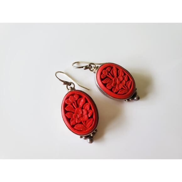 Vintage Sterling Silver Cinnabar Red Dangle Earrings - Picture 1 of 5
